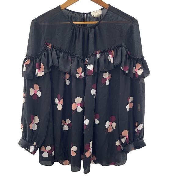 Kate Spade Live Colorfully Black Dusk Buds Ruffle Flowy Blouse Size XL - Picture 2 of 16